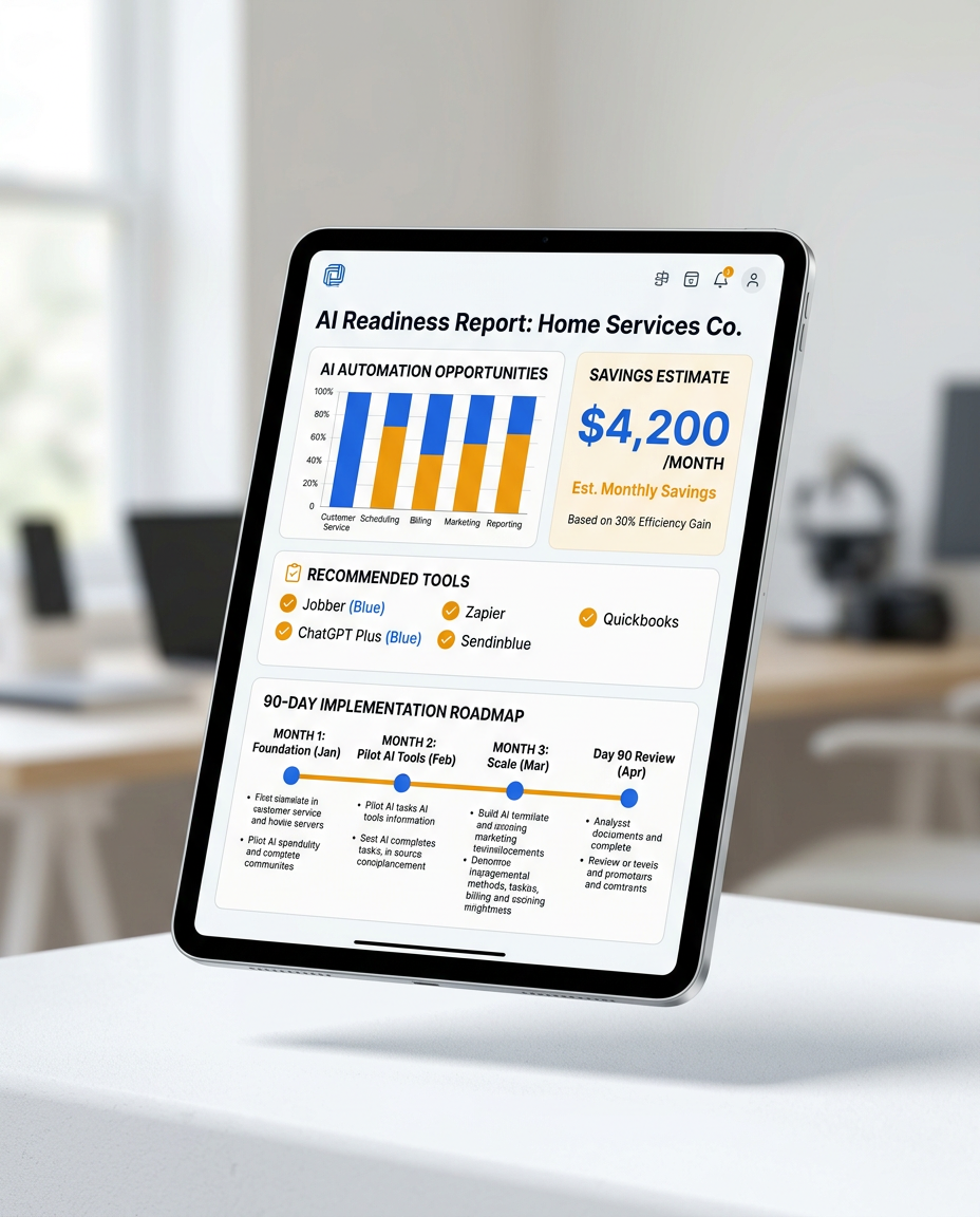 Sample AI Readiness Audit report showing automation opportunity score and monthly savings for a home business